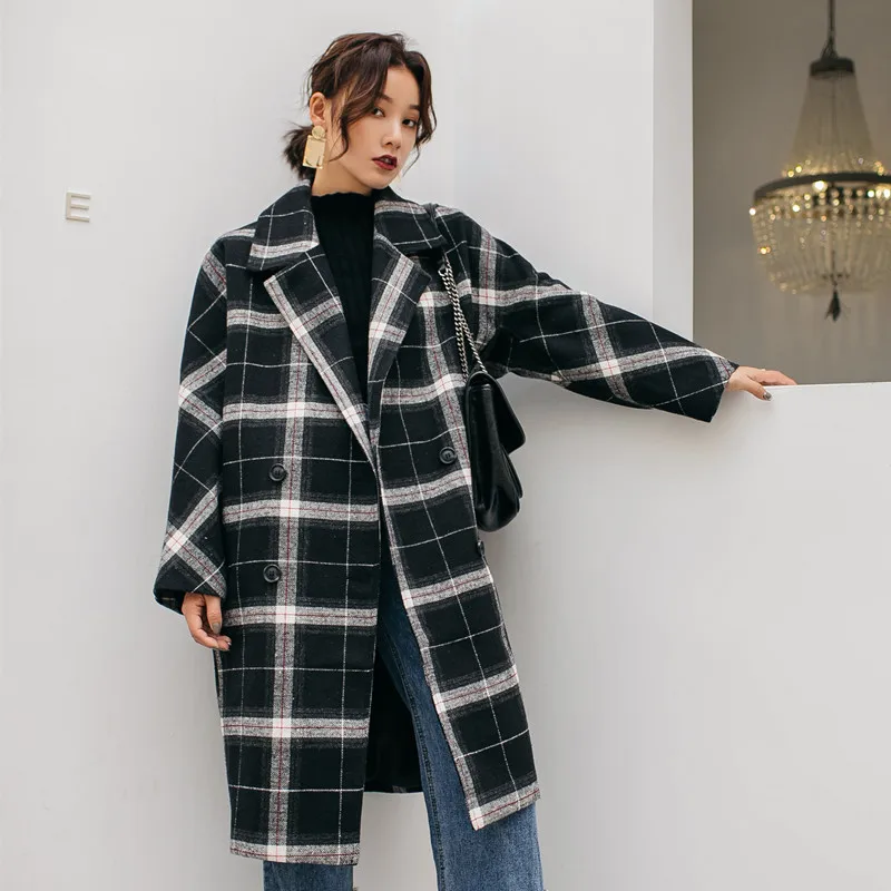 Cheerart Winter Long Wool Coat Women Plaid Coat Plus Size Tweed Big Lapel Coat Vintage Knee Length Woolen Outerwear Coat