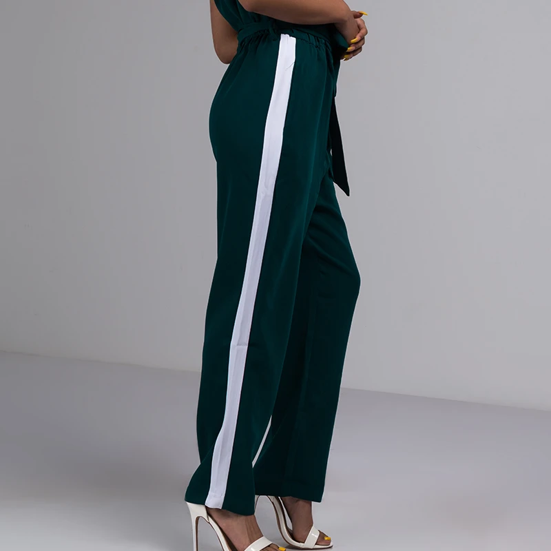 AKIRA Women's Cap Sleeve Deep V Slinky Contrast Stripe Self Tie Belt Waist Straight Leg Pant Jumpsuit (1)