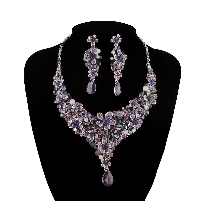 

Bridal wedding necklace earrings set Purple flower design rhinestone crystal jewelry set Women party Dress Earrings sets