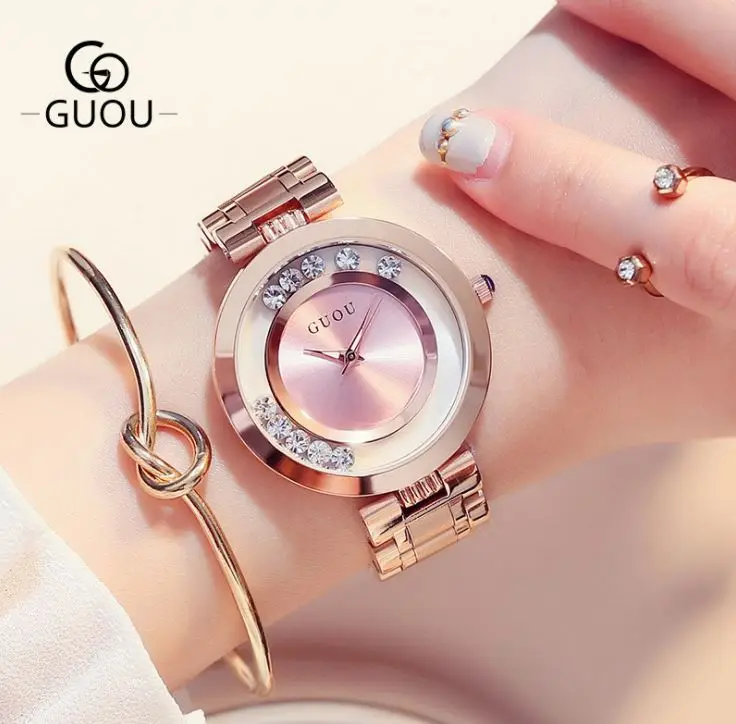 GUOU Женские часы женские часы моды роскошный браслет Часы для Для женщин розовое золото горный хрусталь часы Для женщин Reloj Mujer Saat - Цвет: Розовый