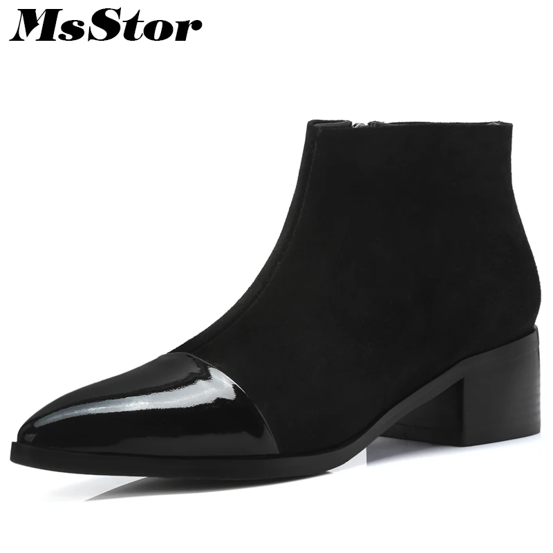 

MsStor Pointed Toe Med Heel Boots Shoes Woman Fashion Metal Zipper Elegant Ankle Boots Women Shoes Black Khaki Women Boots 2018