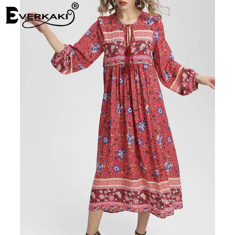 

Everkaki Boho Gypsy Print Long Dress Women O Neck Belt Tied Long Sleeve Bohemian Women's Long Dress Female 2019 Summer Autumn