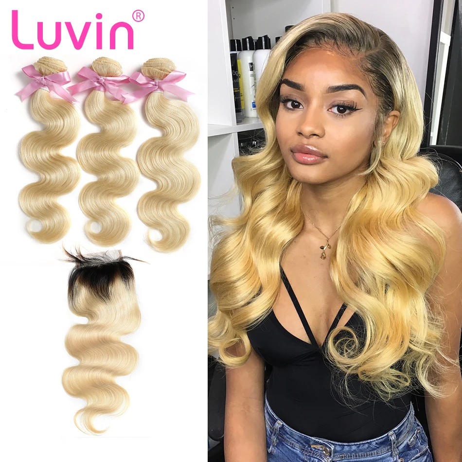 Luvin 613 Blonde Brazilian Body Wave Human Hair Bundles With Closure 3 Bundles Virgin Hair Weft 