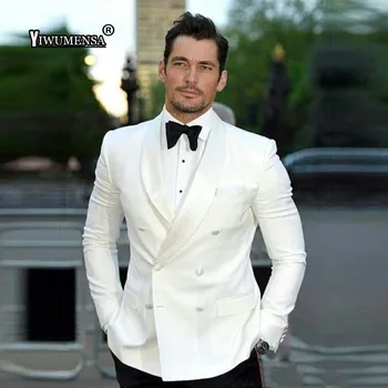 

yiwumensa High Quality Double Breasted Ivory With Black Mens Suits Groom Tuxedos Groomsmen Wedding Party Dinner Best Man Suits