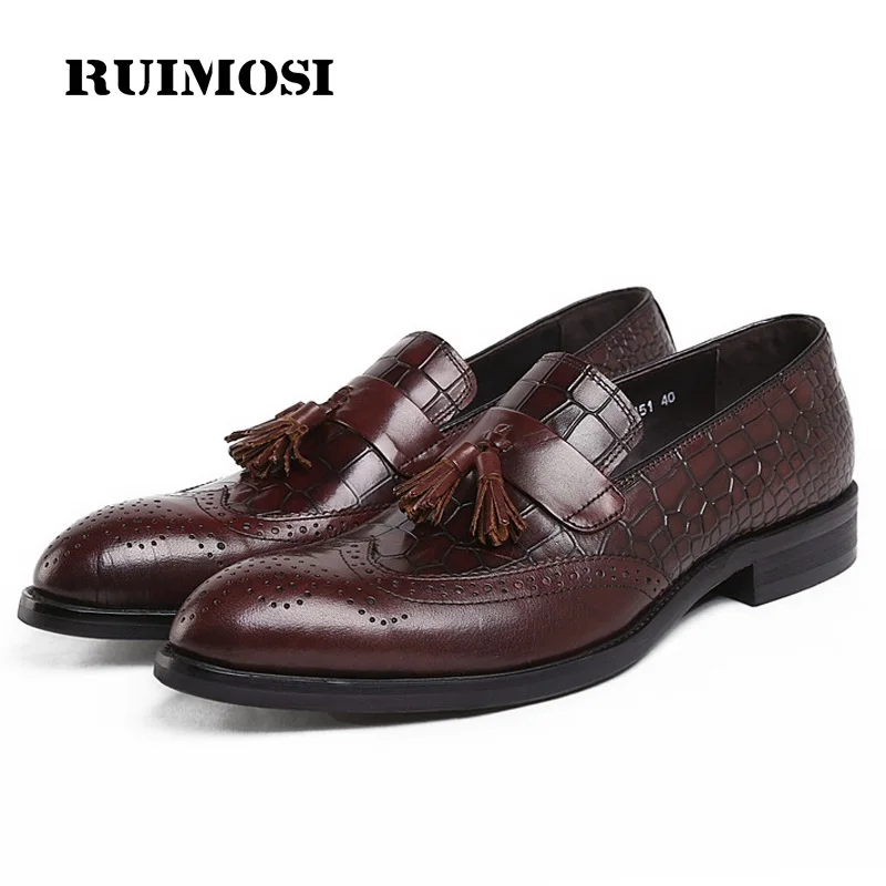 RUIMOSI Vintage Luxury Brand Man Formal Dress Shoes Genuine Leather Brogue Loafers Round Toe Men's Tassels Wing Tip Flats JD58