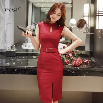 2020 Women Solid Pencil Dress Summer Red Black Sleeveless O-neck Knee-length Casual Office Lady Dress Elegant Party Dress Ladies kids girls summer dress red yellow solid color o neck flowers pattern a line knee length regular sleeveless girl dresses 5ds274