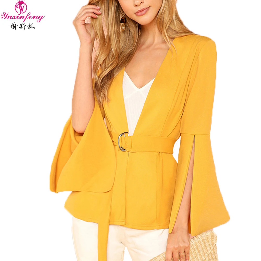 Yuxinfeng для женщин накидка Blazr пальто мода новый Flare рукавом поясом элегантные офисные женские туфли с длинным рукавом плащ куртка желт