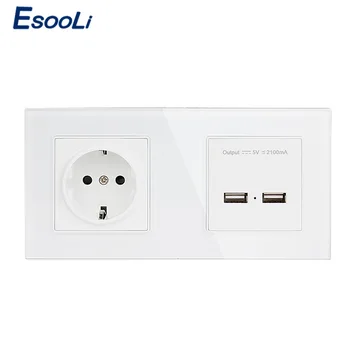 

Esooli Wall Crystal Glass Panel 2 Gang Power Socket Grounded 16A EU Electrical Outlet With Dual USB Smart Charging Port 5V 2A