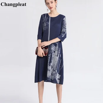 

Changpleat 2019 New Printed Women Dresses Miyak pleated Fashion Loose large size O-neck 3/4 Sleeve Big elastic Female dress Tide
