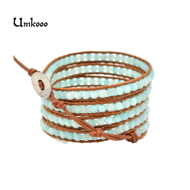 

High Quality Natural Sky-blue Stond Beads Woven Leather Wrap Bracelet Unisex Natural Stone Bracelet women Leather Rope Jewelry