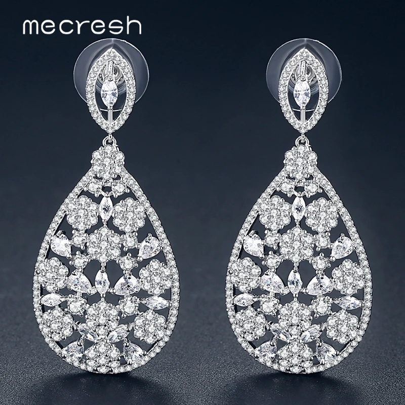 

Mecresh Korea Style White Gold Color Women Big Water Drop Dangle Earrings AAA+ CZ Flower Bridal Earrings Wedding Jewelry MEH1069