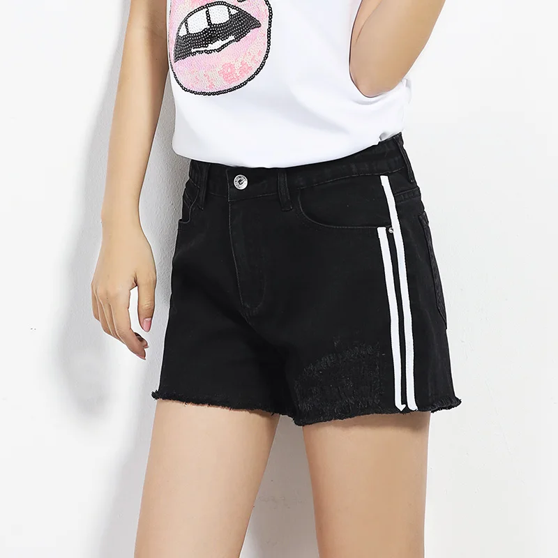 

2017 LEIJIJEANS summer shorts women straight jeans casual shorts hot sexy jeans with mid waist low elastic jeans black color