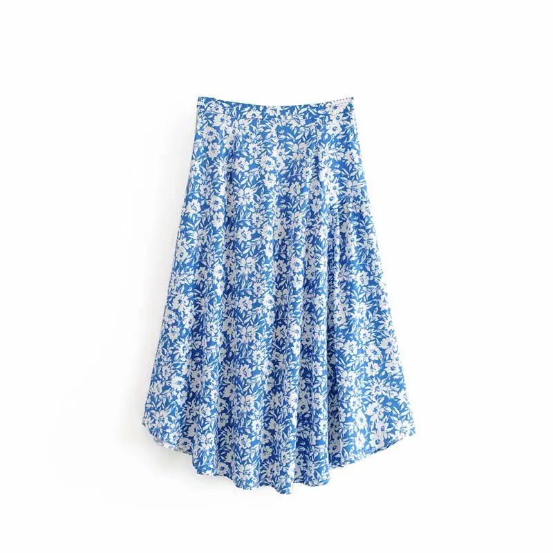 Женская модная синяя юбка с цветочным принтом faldas mujer Женская шикарная асимметрическое разделение на пуговицах юбки QUN388