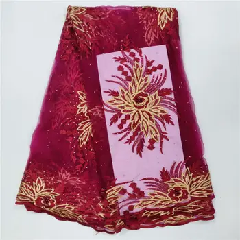 

French Tulle Lace Fabric, 2019 new design Beaded Lace Fabric Powder Red, Pearl African Lace Fabric For Wedding