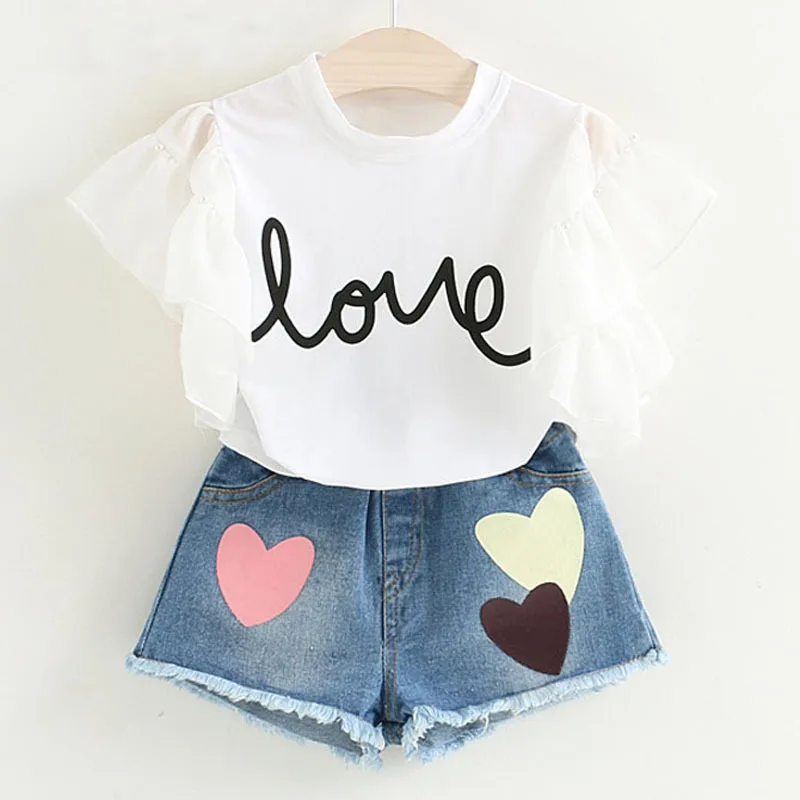 summer 2019 kid girls outfits letter T-shirt tops+denim shorts cute children toddler little girl clothes set boutique clothing