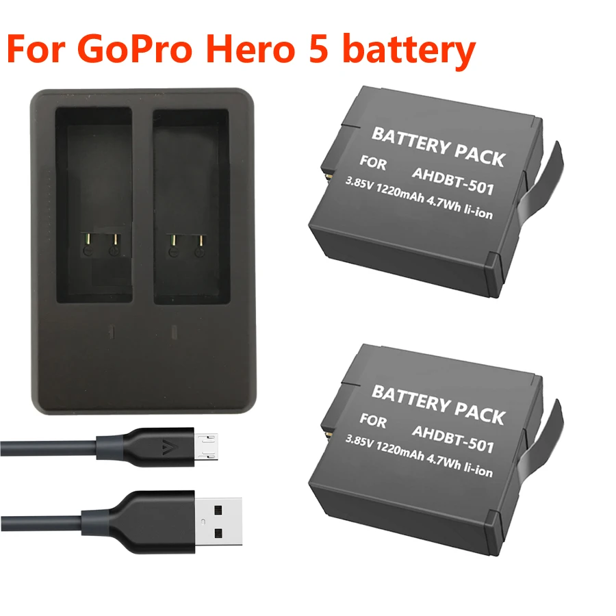 

New 2x1220mAh Go Pro Hero 5 battery AHDBT-501 AHDBT501 Bateria Akku Battery +USB Dual Charger for GoPro 5 Hero5 AHDBT 501
