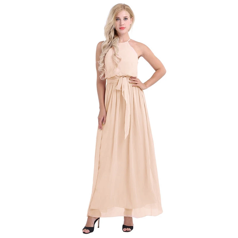 Vestido de Dama de Honra Festa de Casamento sem Mangas Vestido de Baile de Formatura Vestido de Comprimento Mulheres Senhoras Elegante Chiffon Longo Halter Completo 30 mangas halter vestido de baile de formatura