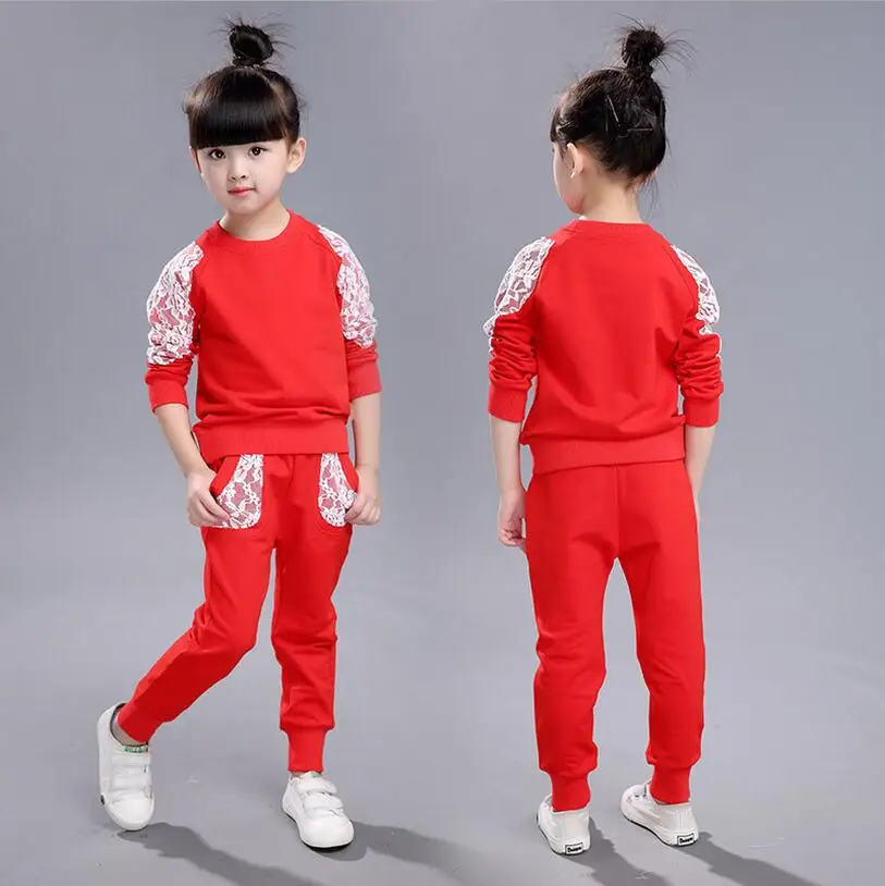 

Lace Sport Suit Spring Kids Clothes Girls Pullover With Pants Two-piece Ensemble Fille Tracksuit For Children Clothing Sets
