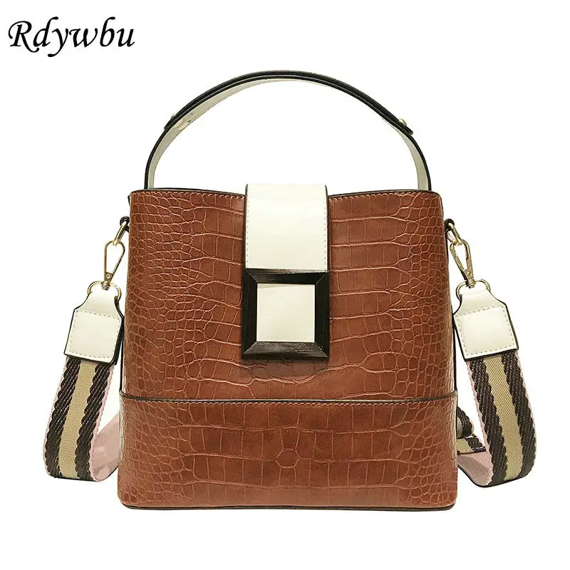 

Rdywbu Alligator Bucket Shoulder Bags Women Small PU Leather Tote Handbag Girl Wide Strap Patchwork Crossbody Messenger Bag B696