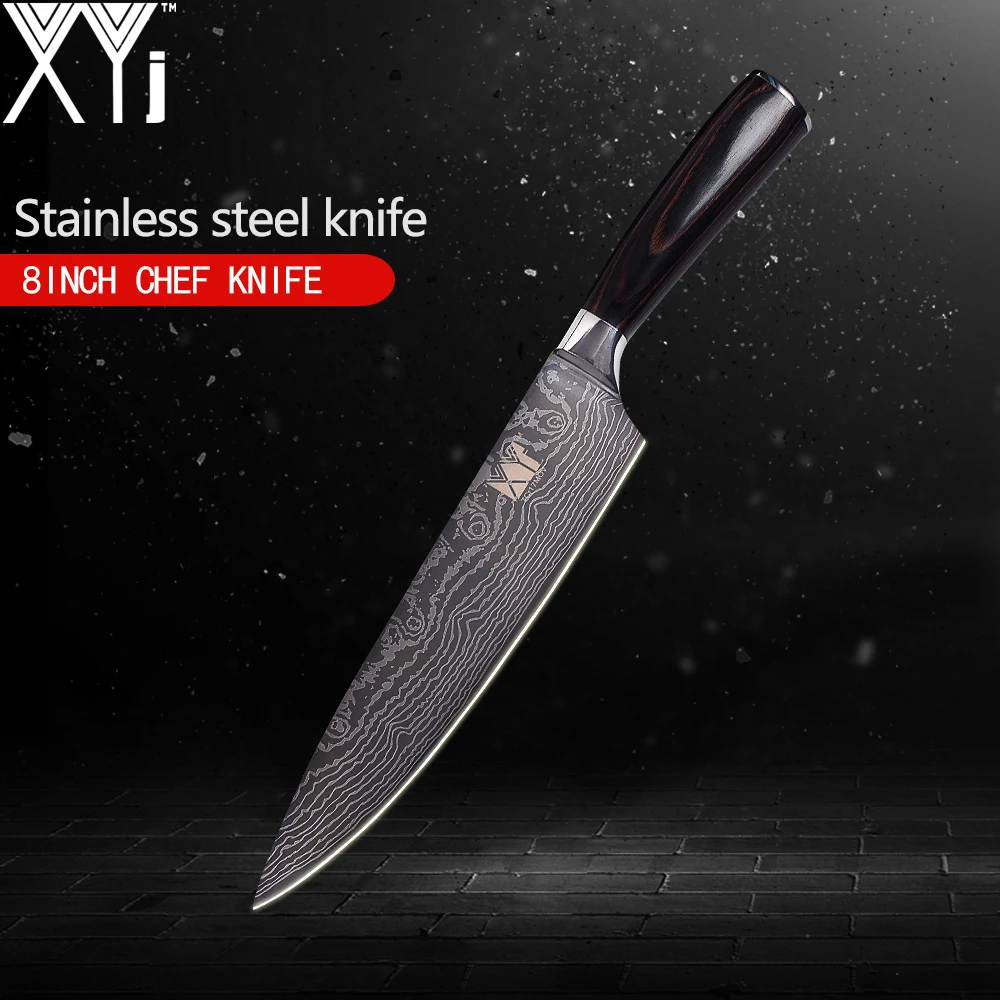 

XYj Single Kitchen Knife 7Cr17 Stainless Steel Knife Damascus Veins Pattern Cooking Tools Paring Utility Santoku Slicing Chef