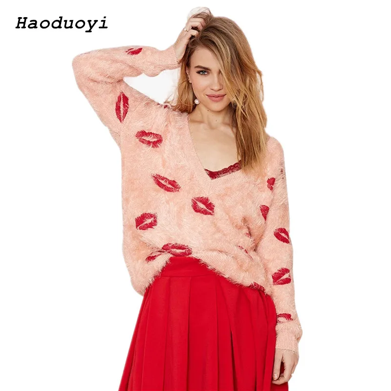 HAODUOYI European Mohair Sexy V Neck Lips Print Sweaters Slim Knitting