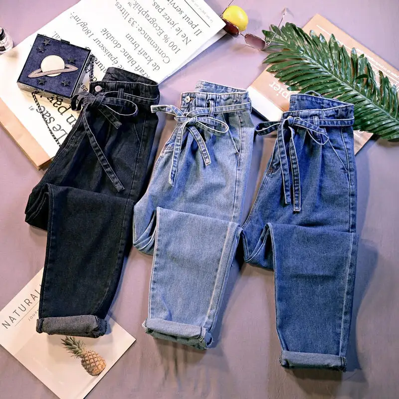 Летние женские винтажные джинсы больших размеров, джинсы с высокой талией на шнуровке, Джинсы бойфренда для женщин, повседневные джинсовые штаны-шаровары C4238