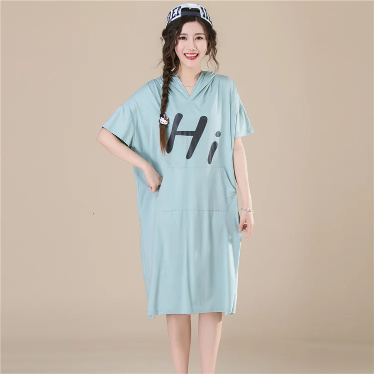 2018 Summer Loose Oversize Hooded T Shirt Dress Korean Letter Print Pocket Stitching Dress Plus Size Black White Tshirt