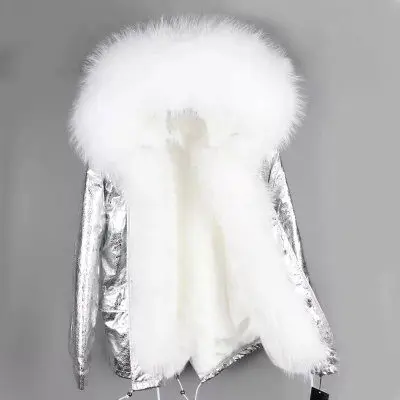 short silver white Натуральный мех пальто бренд розовый зимняя куртка Для женщин Длинная парка большой натуральный мех енота меховой воротник парки с капюшоном теплая верхняя одежда - Цвет: short silver white