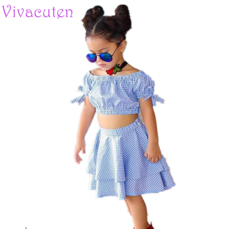 2018 Newly Princess Baby Flower Girls Dress short Sleeve cotton striped Party Dress Gowns blue two pcsset  girls dress