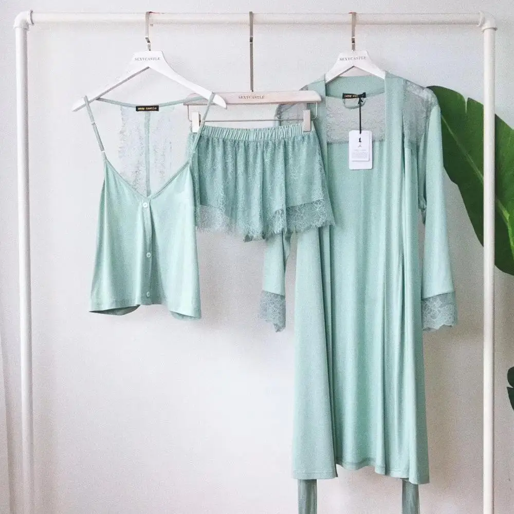 

3PCS Pyjama Femme Long Sleeve Pijama For Women Sleepwear Set Cotton Home Clothes Pajamas Sets Sexy Lace Robe Pajamas