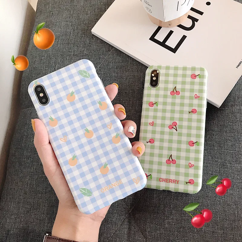 

Cute Fruit Oranges Cherry Retro Grid Phone Case For iPhone X Xs XR Xsmax 7 7 Puls 6 6S 7 8 Puls Cases Lattice Stripe Soft Cover