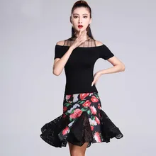 New Gauze Short Sleeve Top Flower print Lace Skirt Sexy Latin Dance 2pcs set for women/female, Ballroom tango Costumes MD7133