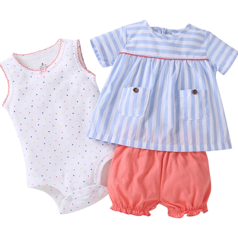 Комплект одежды для новорожденных девочек, футболка без рукавов Топы+ комбинезон+ шорты, летняя одежда года Одежда для младенцев модный костюм для новорожденных