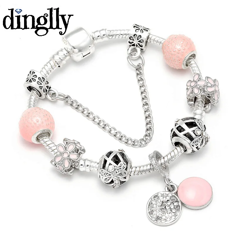 DINGLLYF, 925, Розовая маргаритка, серебряный брендовый браслет для женщин, мужчин, влюбленных пар, романтичный очаровательный браслет с бусинами, браслеты