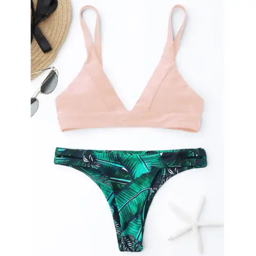 

Two-Pieces Women Leaves Printed Bikini Set Bandage Swimsuit Swimwear Push-up Padded Bra Bathing Suit Beachwear