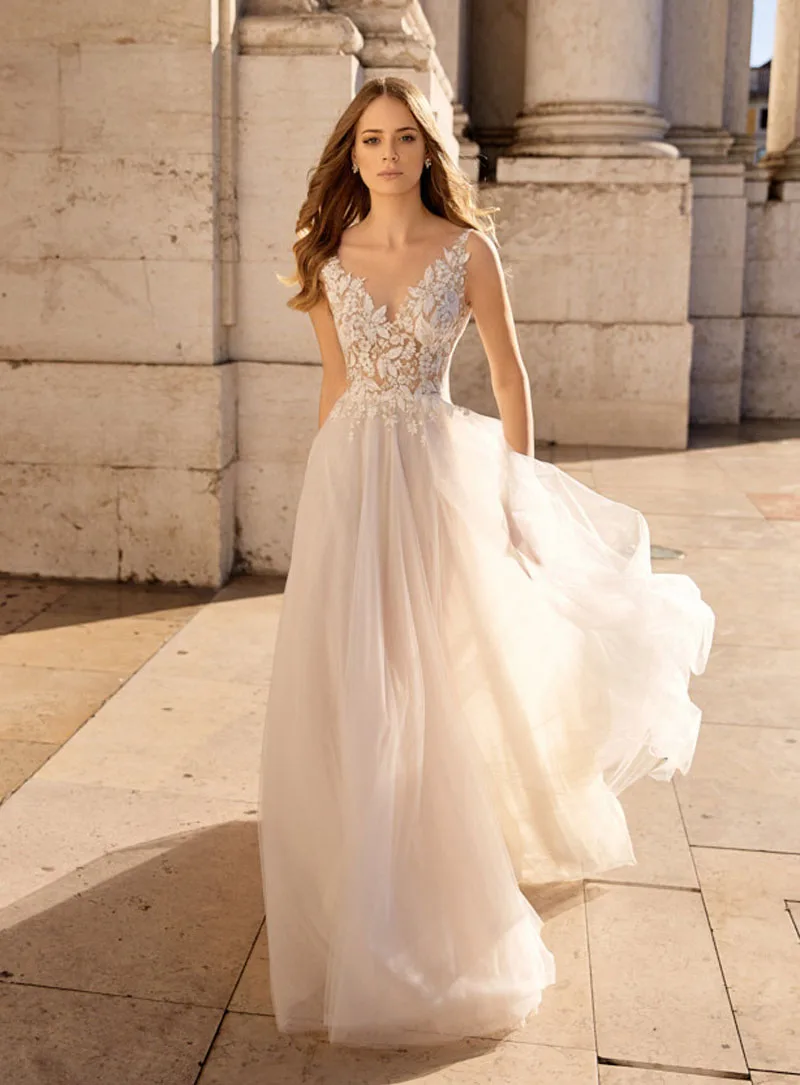 

Verngo Tulle With Flower Evening Dress Long V-neckline Formal Dress Custom Size Gown Appliques Evening Dress Abiye Elbise