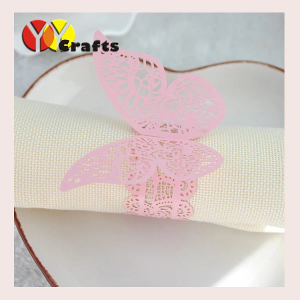 Pink napkin ring holder 100pcs lace laser cut butterfly in table