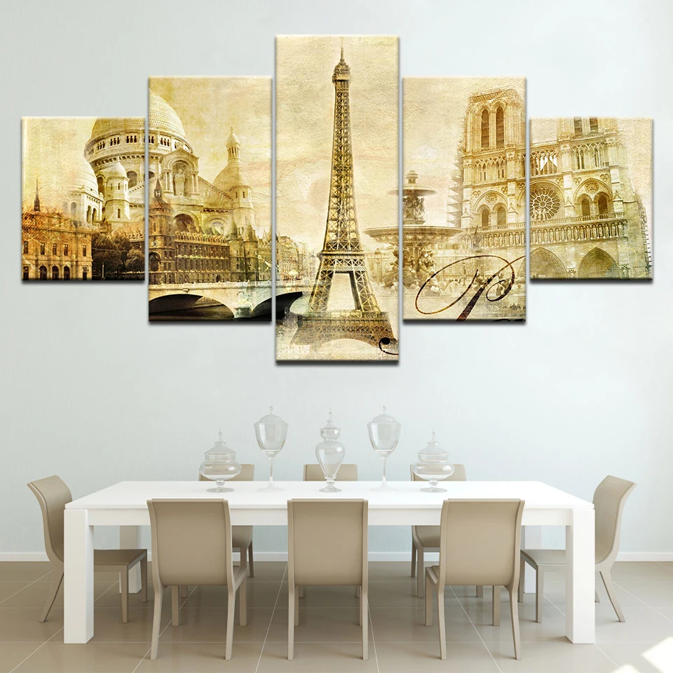 

Canvas Wall Art Pictures Frame Home Decor 5 Pieces Beautiful Paris Tower Notre Dame Cathedral Abstract Painting HD Prints Poster