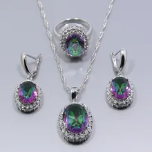 Мистик Радуга Циркон 925 пробы серебряные Ювелирные наборы серьги кольцо ожерелье кулон для женщин подарочная коробка JS234