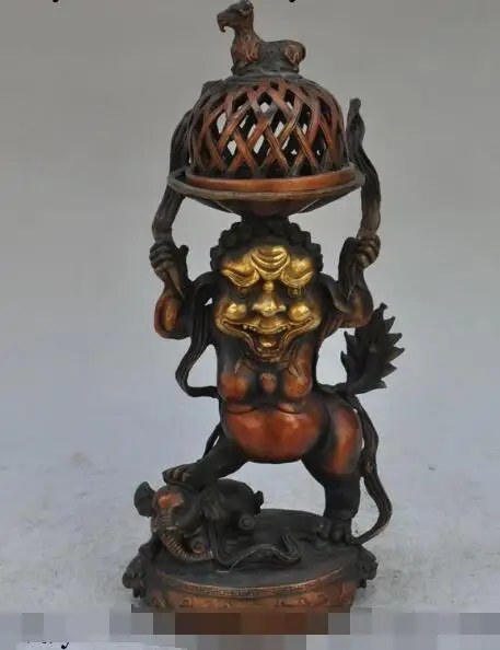 

S04002 13"Chinese Bronze gilt Elephant sheep Foo Dogs Lion statue incense burner Censer (B0413)