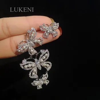 

LUKENI Personality White Color Micro Inlay Zircon Exaggerated Asymmetric Butterfly Pearl Earrings For Women Wedding Party Jewelr