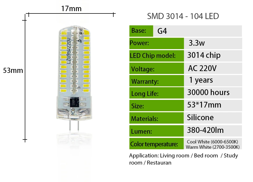 10 шт./лот KARWEN светодиодный светильник G4 3 Вт высокой мощности SMD3014 2835 DC 12 В AC 220 В белый/теплый белый светильник силиконовые люстры