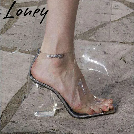 

Loney New Clear Transparent PVC Summer Spring Sandals Open Toe Crystal Heel Sandals Shoes Women
