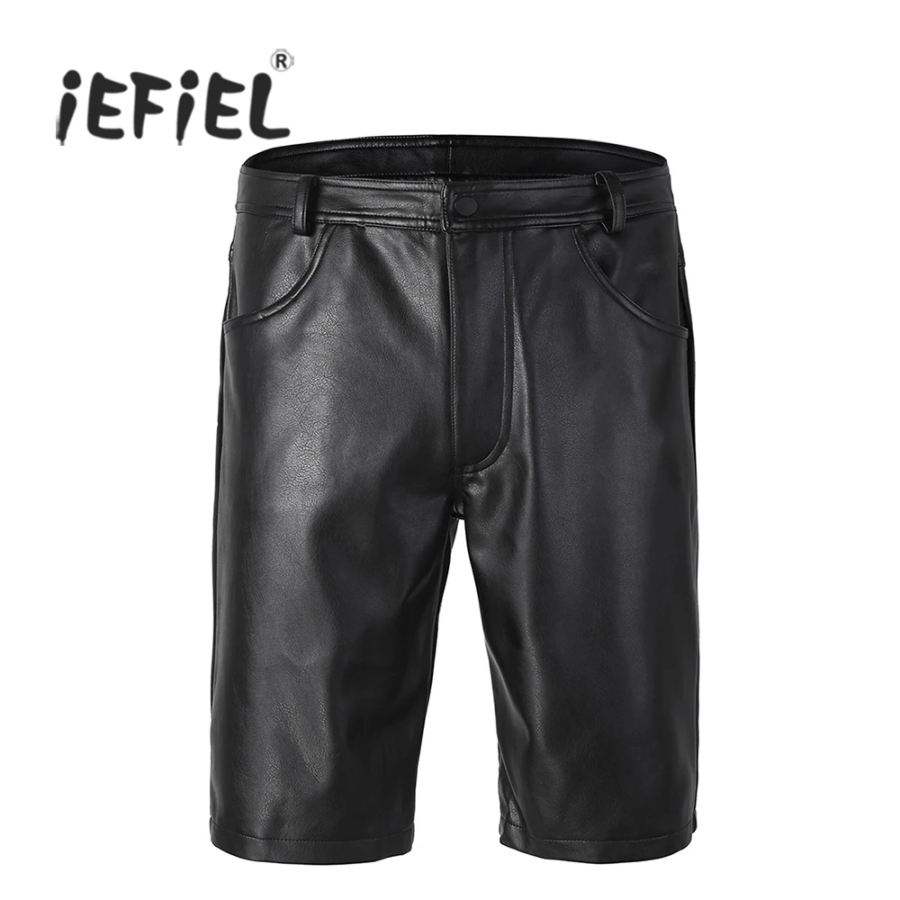 iEFiEL Black Mens Faux Leather Regular Shorts Homens Zipper Closure