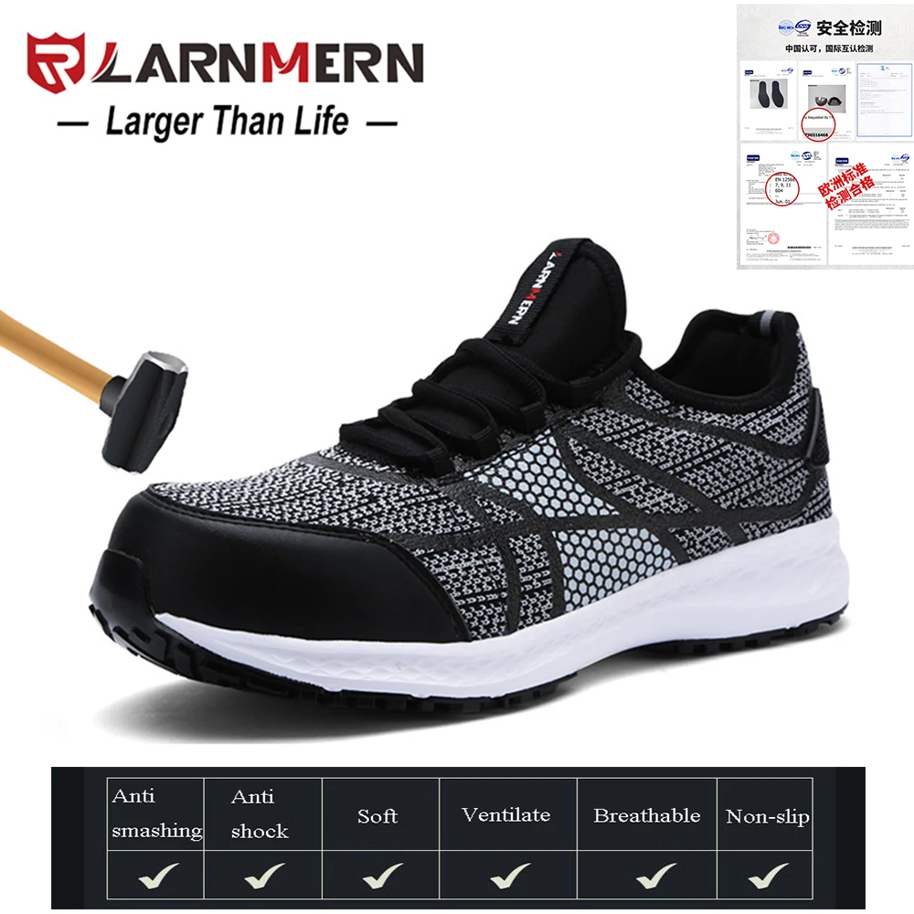 

LARNMERN Men Safety Shoes Steel-Toe Work Shoes Ultra Lightweight Breathable Sneaker Reflective Stripe Fly Fabric Casual Footwear