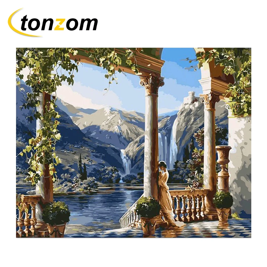 

RIHE Manor Belle Diy Painting By Numbers Lake Oil Painting Cuadros Decoracion Acrylic Paint On Canvas Modern Wall Art Gift