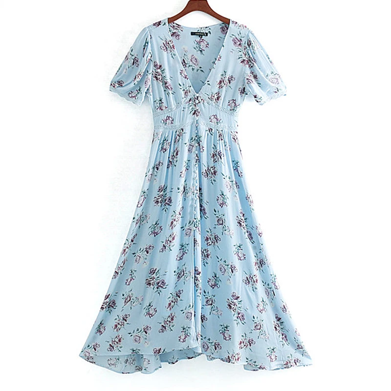 

Women's Clothing Dress 2019 Chiffon Lace-Paneled V-Neck Print Dress Ms Summer Street Sexy Slim Fit Temperament Clothing