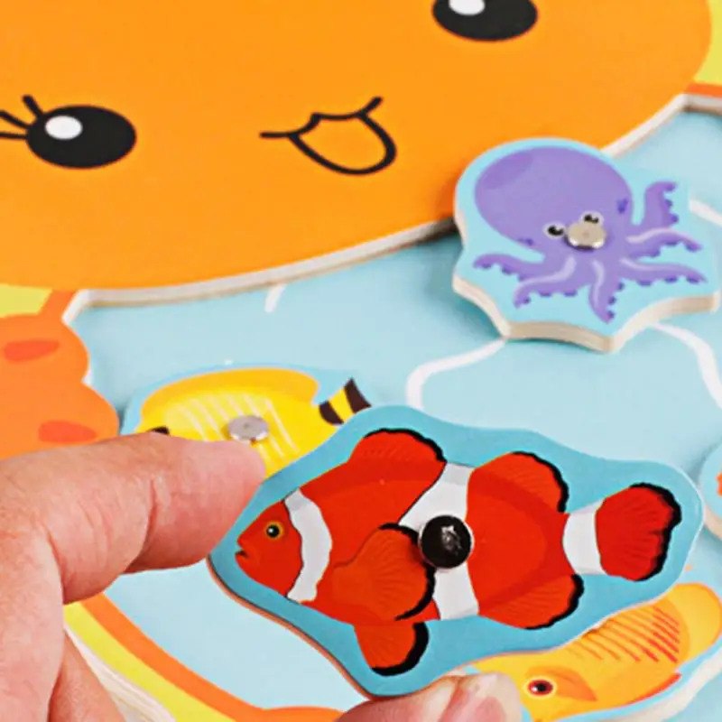 Wooden Magnetic Fishing Game Board with 2 Fishing Rod Kids Educational Toy Children Jigsaw Puzzle Toys Animal Frog Cat Fishing