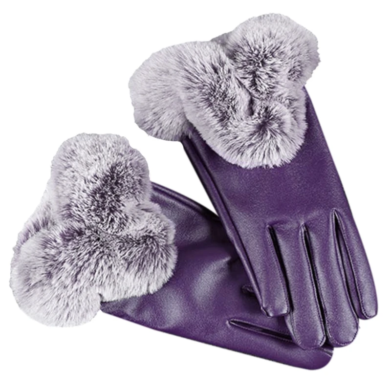 

Phone Touch Screen PU Leather Gloves For Women Click Winter Warm Rabbit Fur Mittens