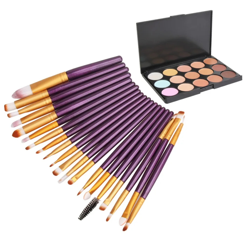 

15 Colors Contour Face Cream Makeup Concealer Palette+20Pcs Brushes Set Purple Gold